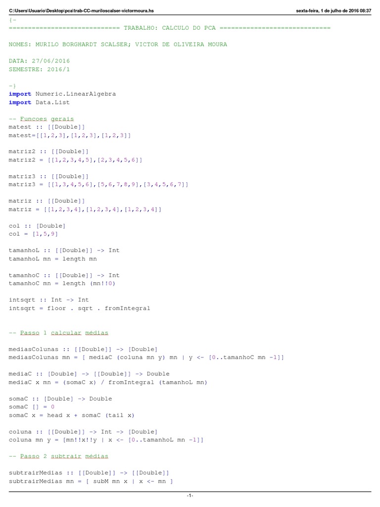 PCA Calculation in Haskell Code | PDF | Linear Algebra | Algebra