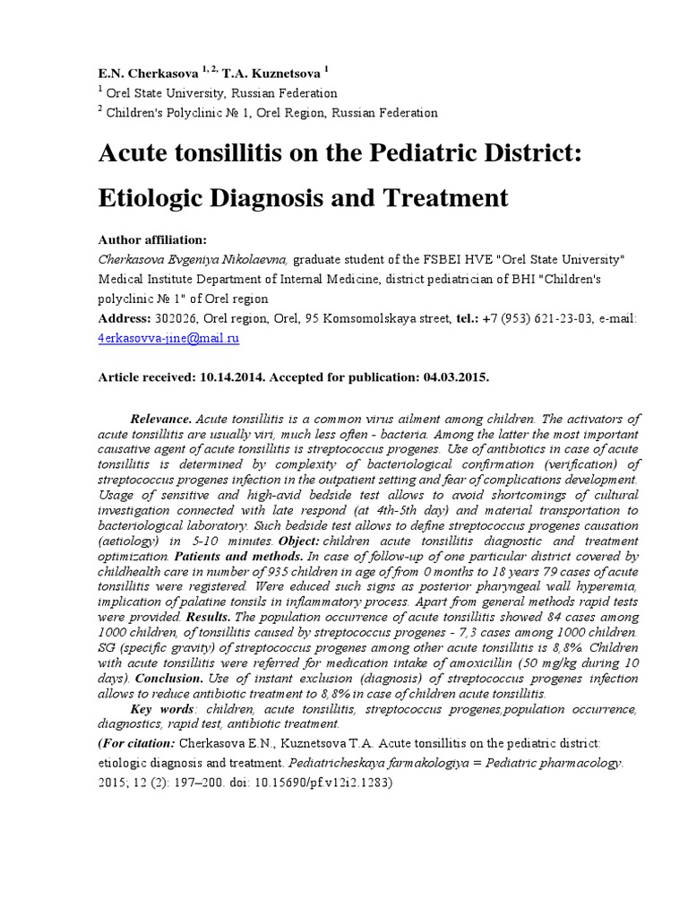 Optimizing Diagnosis and Treatment of Acute Tonsillitis in Children ...