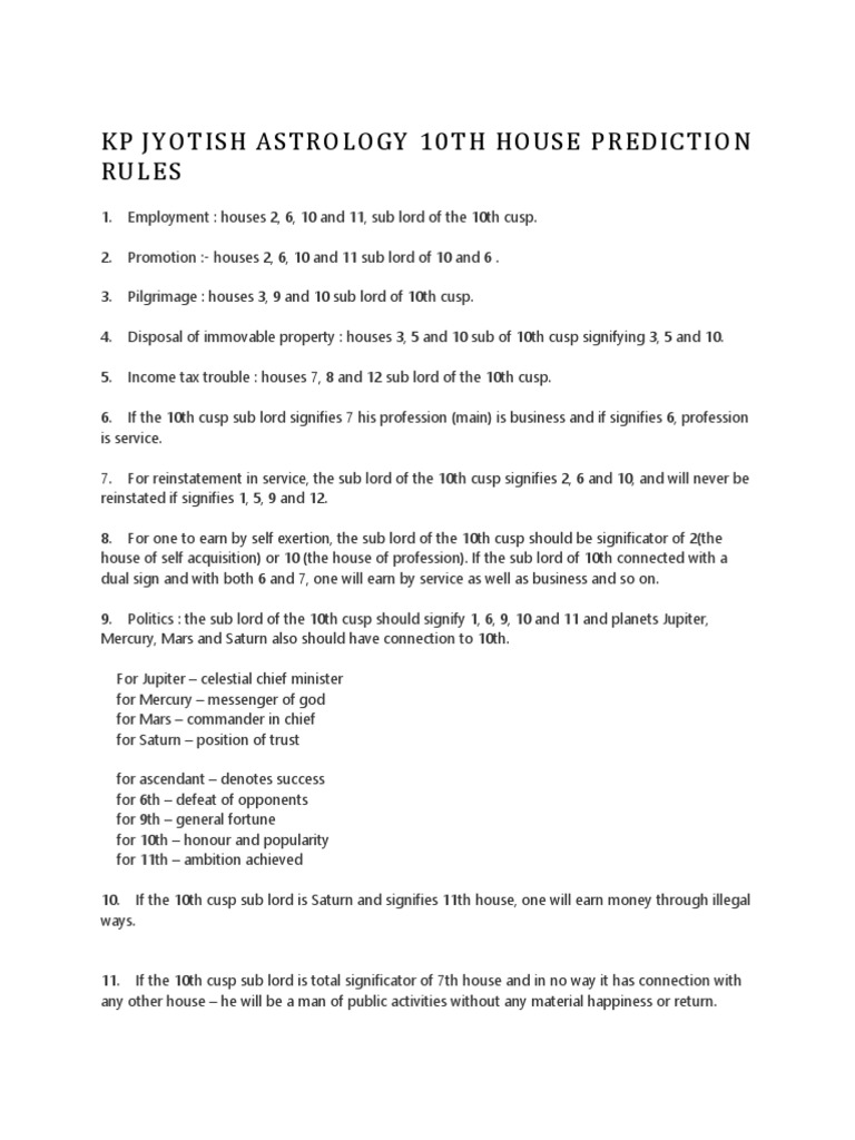 KP JYOTISH - 10TH House Prediction Rules