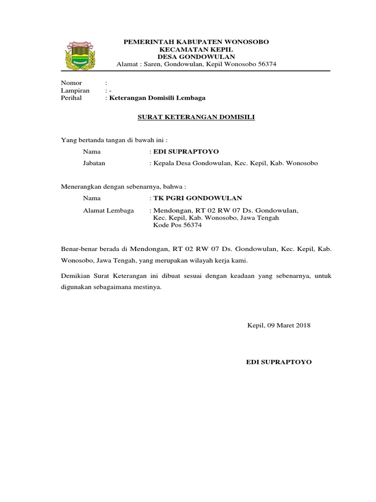 Contoh Surat Keterangan Domisili Lembaga Paud Nusagates