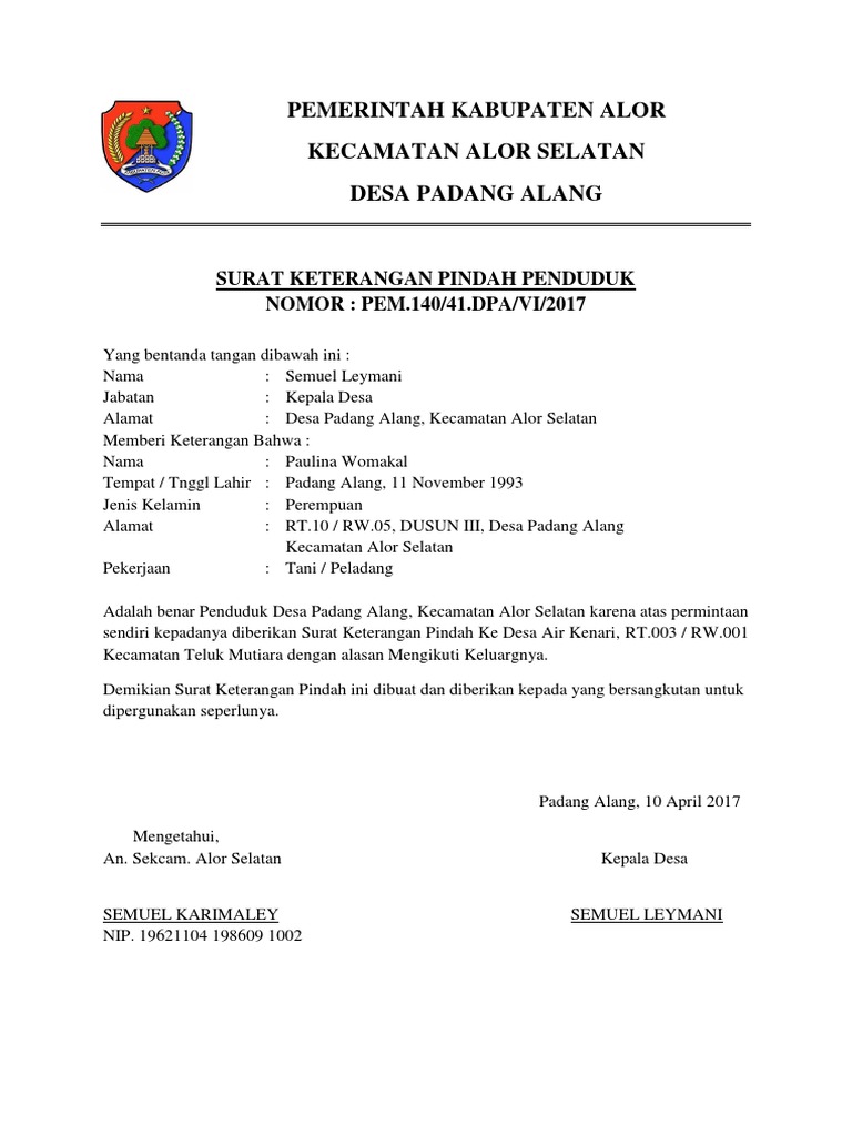 Surat Keterangan Pindah Penduduk Dari Kepala Desa | Kumpulan Contoh Surat