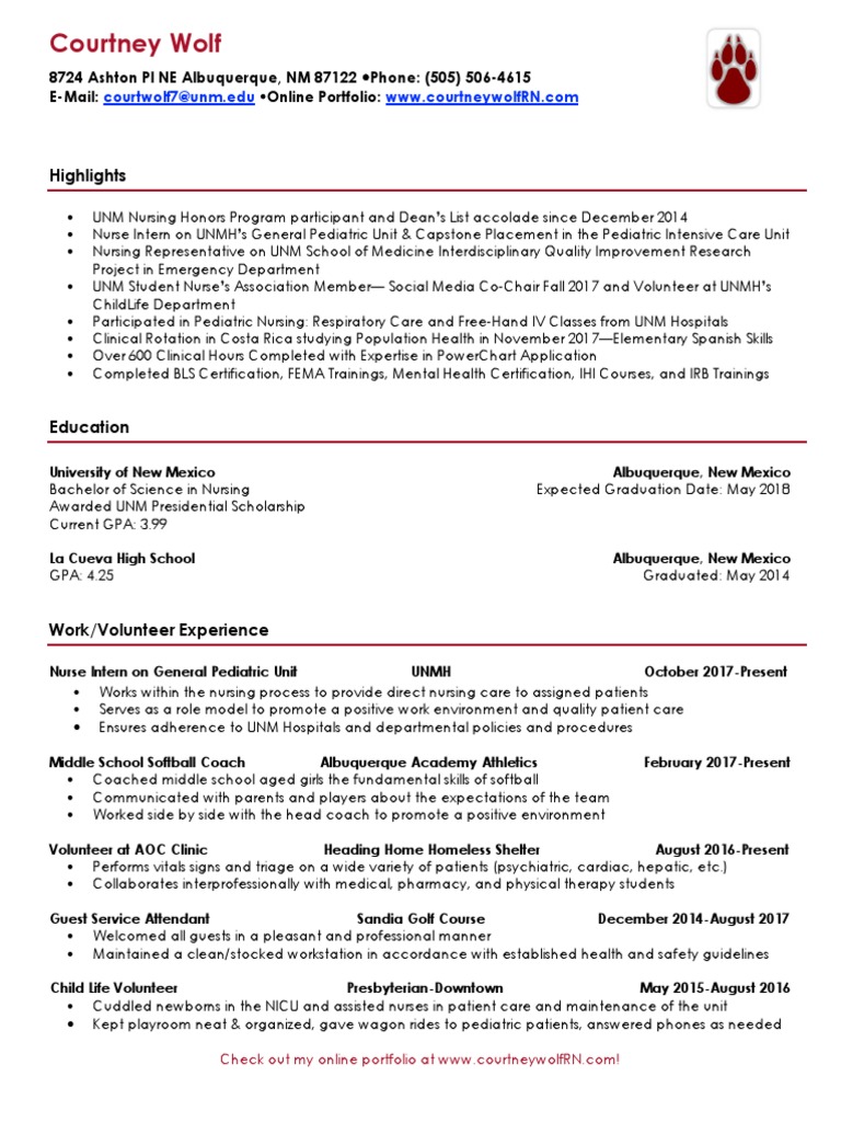 PICU Nurse Resume of Courtney Wolf | PDF | Nursing | Health Care