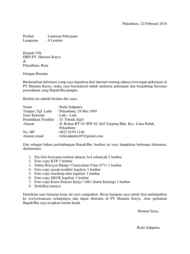 Surat Lamaran Kerja Hki Rizki