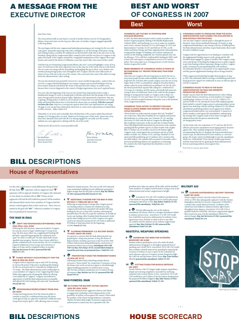 2007 Peace Action Scorecard PDF United States Congress American