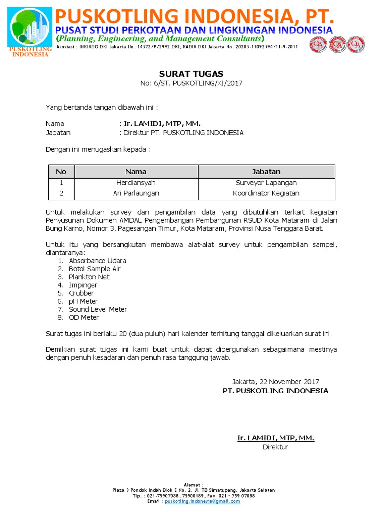 Surat Tugas Pengambilan Data Dan Survey Bawa Alat Lab
