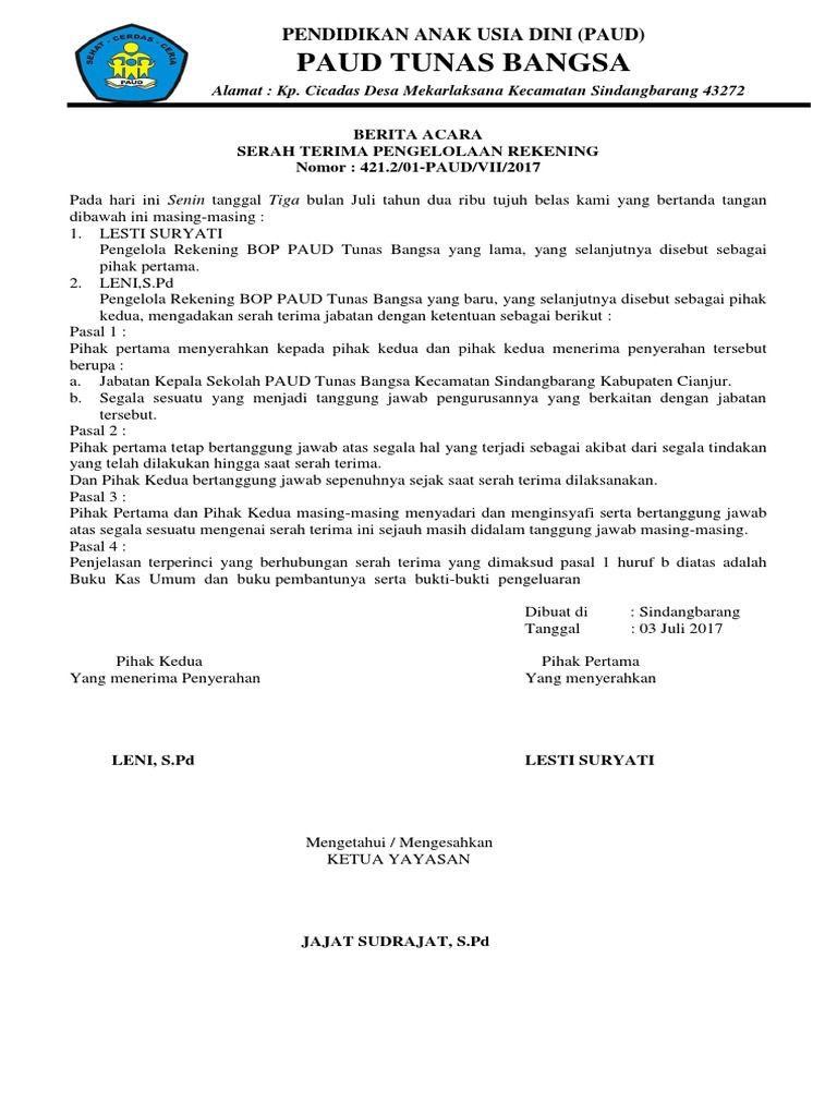 Berita Acara Serah Terima Jabatan Bendahara Bos