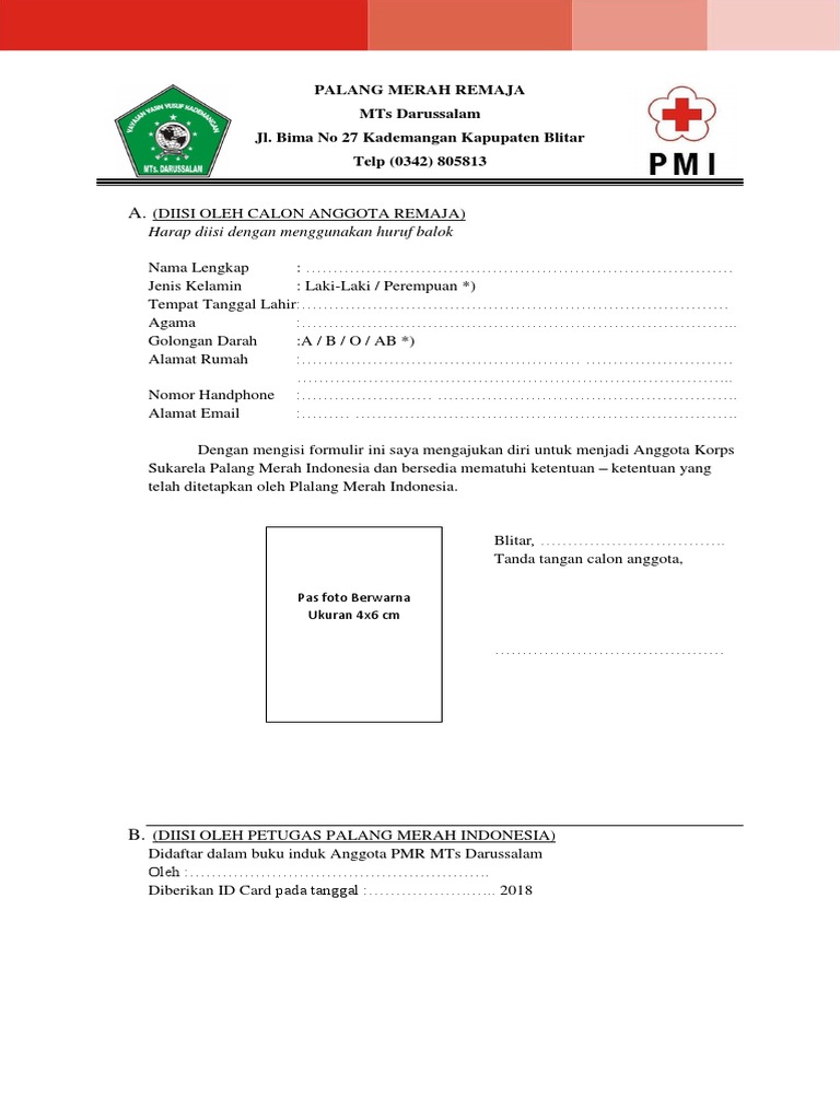 Contoh Formulir Pendaftaran Anggota Pmr - Simak Gambar Berikut