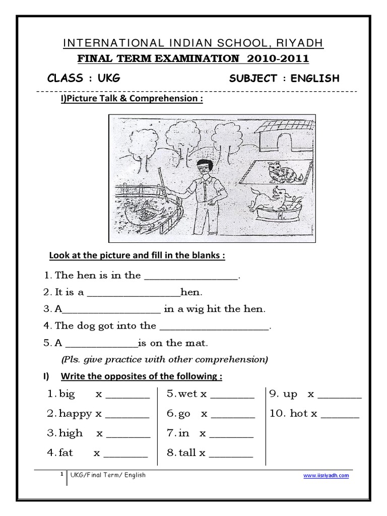 ukg english finalterm worksheet