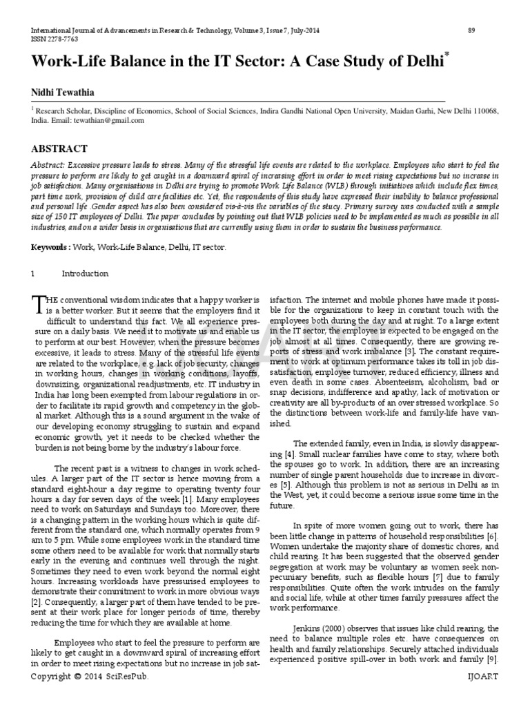 Work Life Balance in The IT Sector A Case Study of Delhi PDF | PDF ...