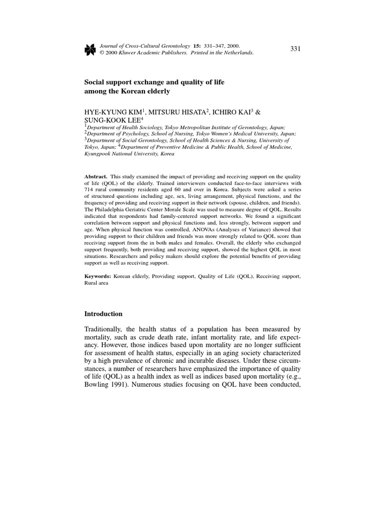 Social Support Exchange and Quality of Life Among The Korean Elderly ...