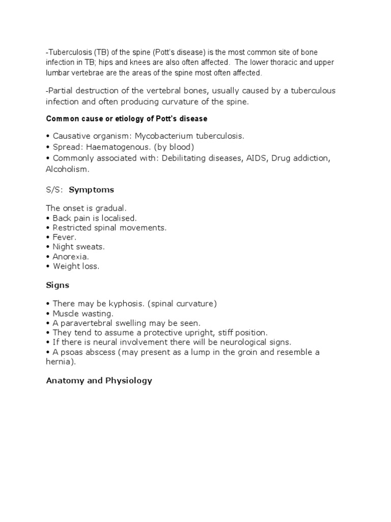 Common Cause or Etiology of Pott's Disease PDF Vertebral Column
