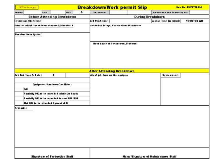 Machine Breakdown Slip Format | PDF