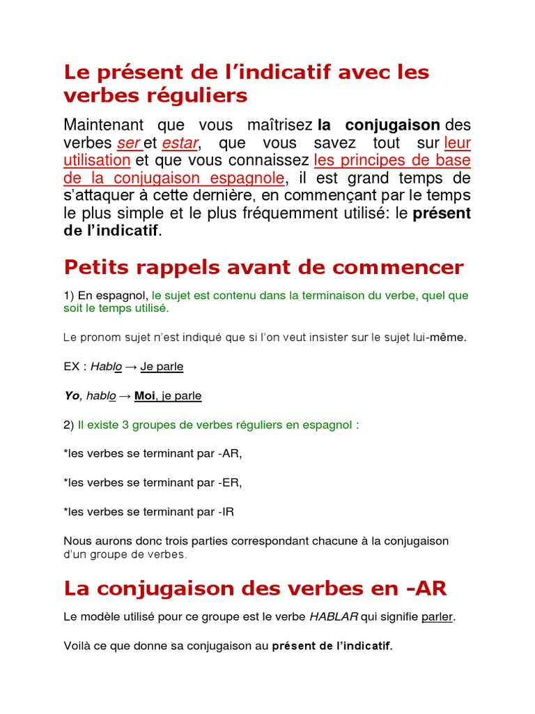 Verbe Etre Au Present En Espagnol Le Présent de L'indicatif Avec Les Verbes Réguliers: Ser Estar | PDF | Verbe  | Unités sémantiques