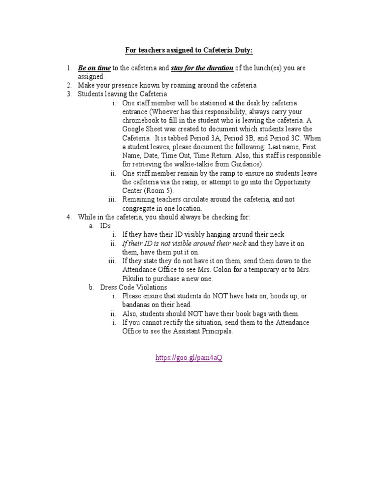 For Teachers Assigned To Cafeteria Duty PDF