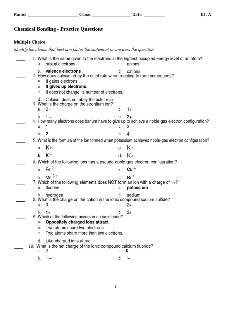Chemical Bonding Practice Questions | PDF | Chemical Bond | Ion