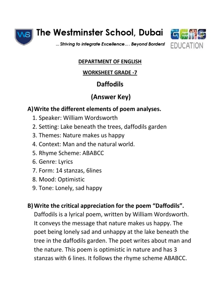 (22689) Daffodils Answer Key PDF Poetry