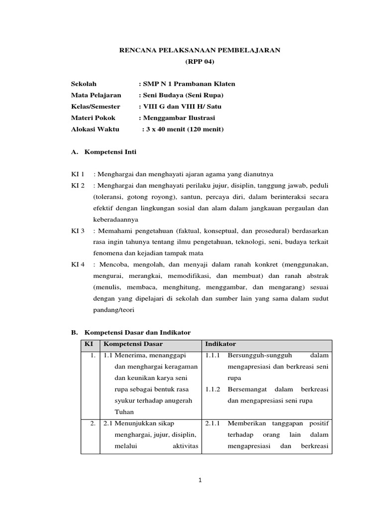 RPP Menggambar Ilustrasi 4 Kelas 8 G H