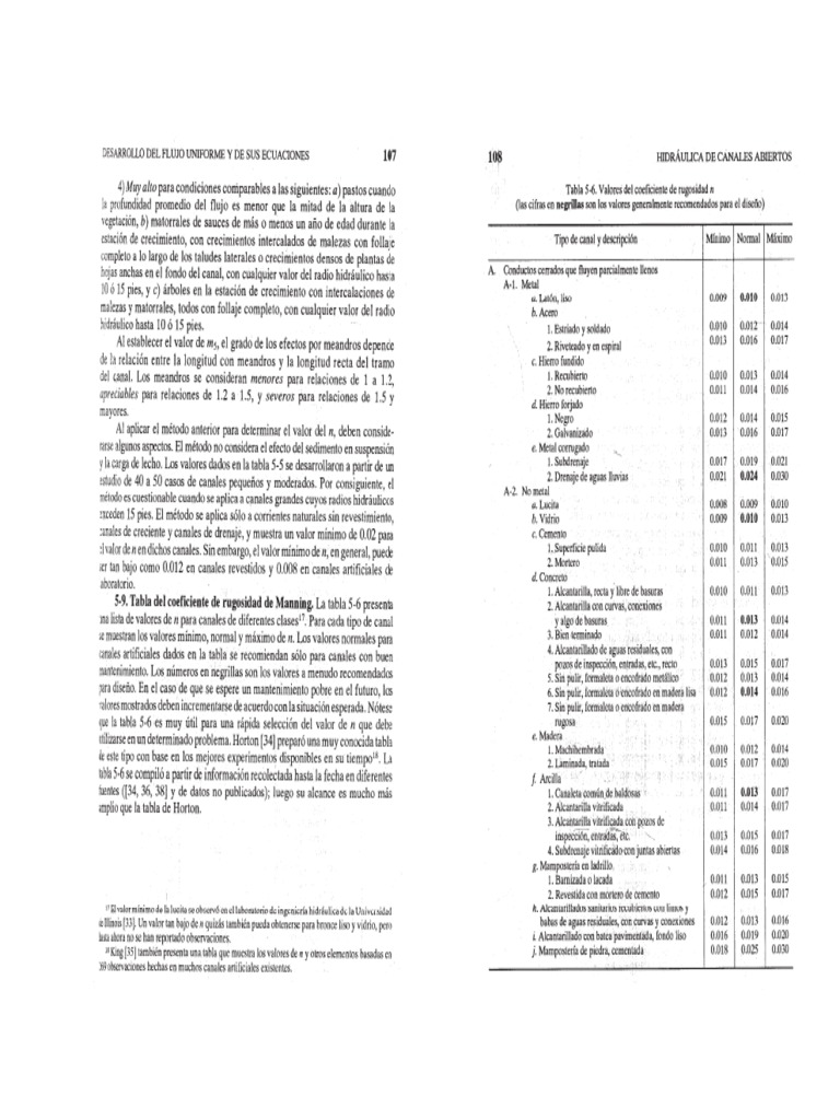 Coeficientes de Rugosidad de Manning (Ven Te Chow) | PDF