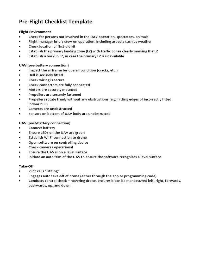 Pre Flight Checklist PDF Unmanned Aerial Vehicle Manufactured Goods