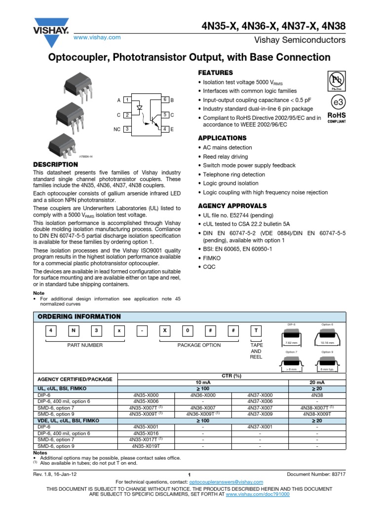 4N35 Optocouplers PDF Electricity