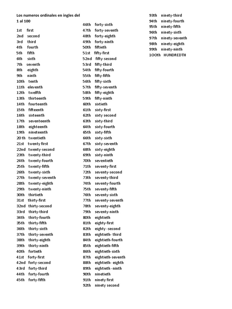 Ingles Los Numeros Ordinales En Ingles Del 1 Al 100 Sports