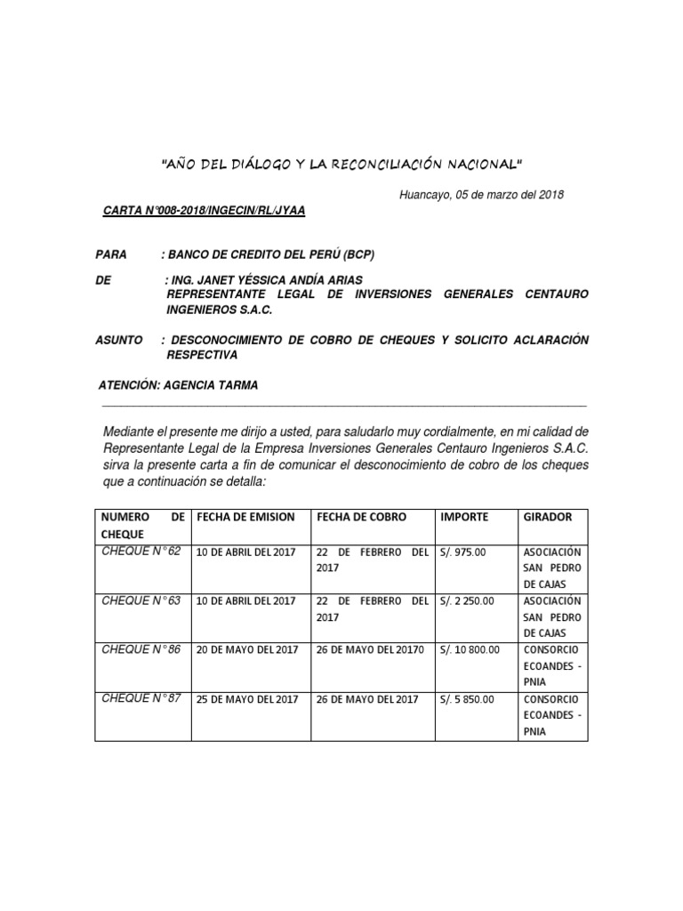 Carta BCP 2 | PDF | Cheque