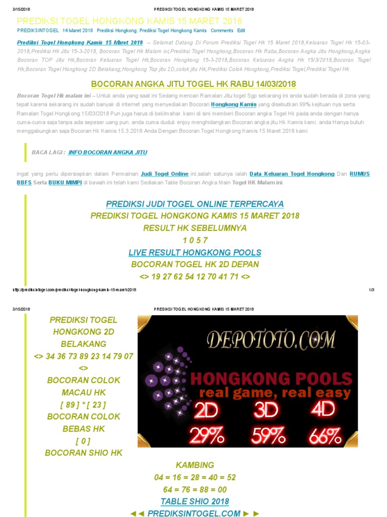 Prediksi Togel Hongkong Kamis 15 Maret 2018
