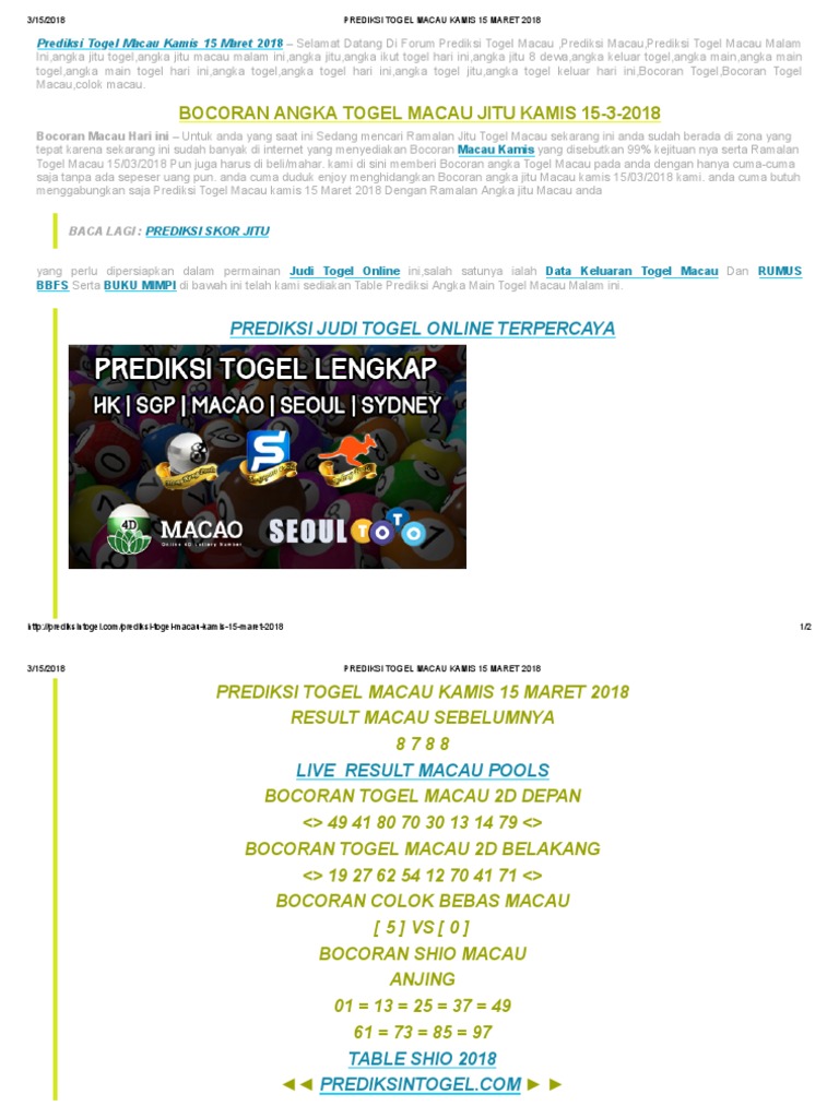 Prediksi Togel Macau Kamis 15 Maret 2018 Pdf