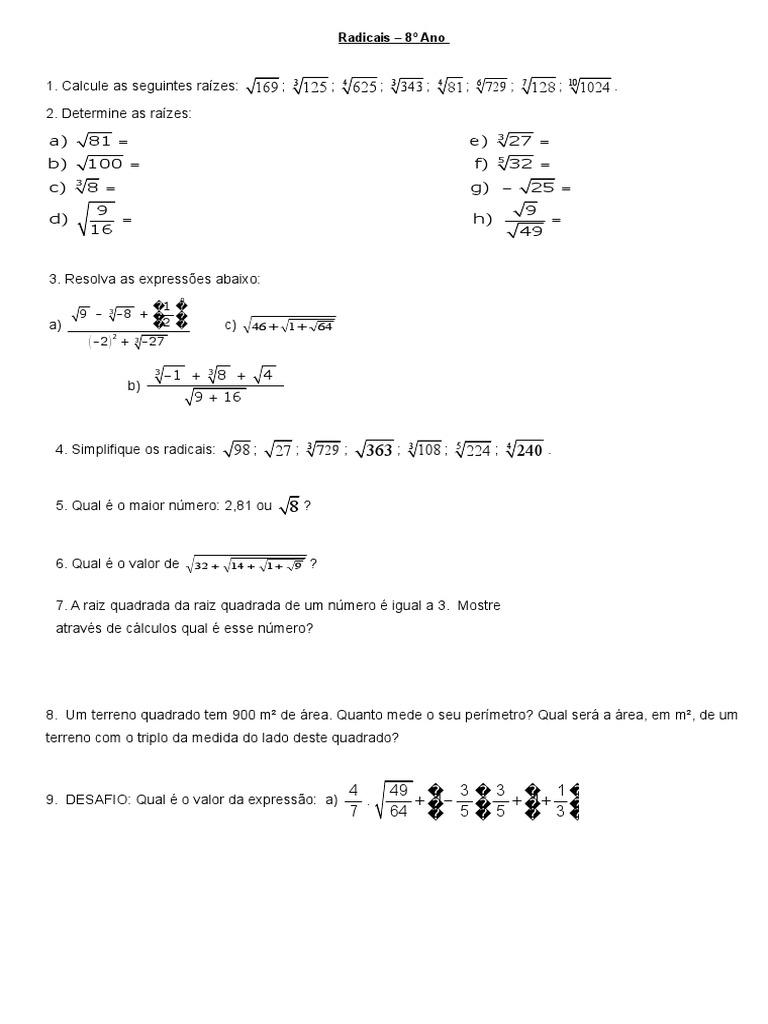Raizes 8 Ano | PDF | Raiz quadrada | Matemática elementar