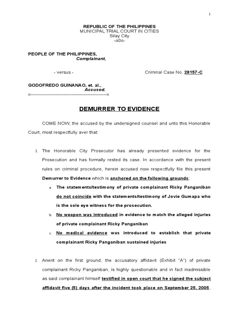Demurrer to Evidence - Sample | Demurrer | Evidence