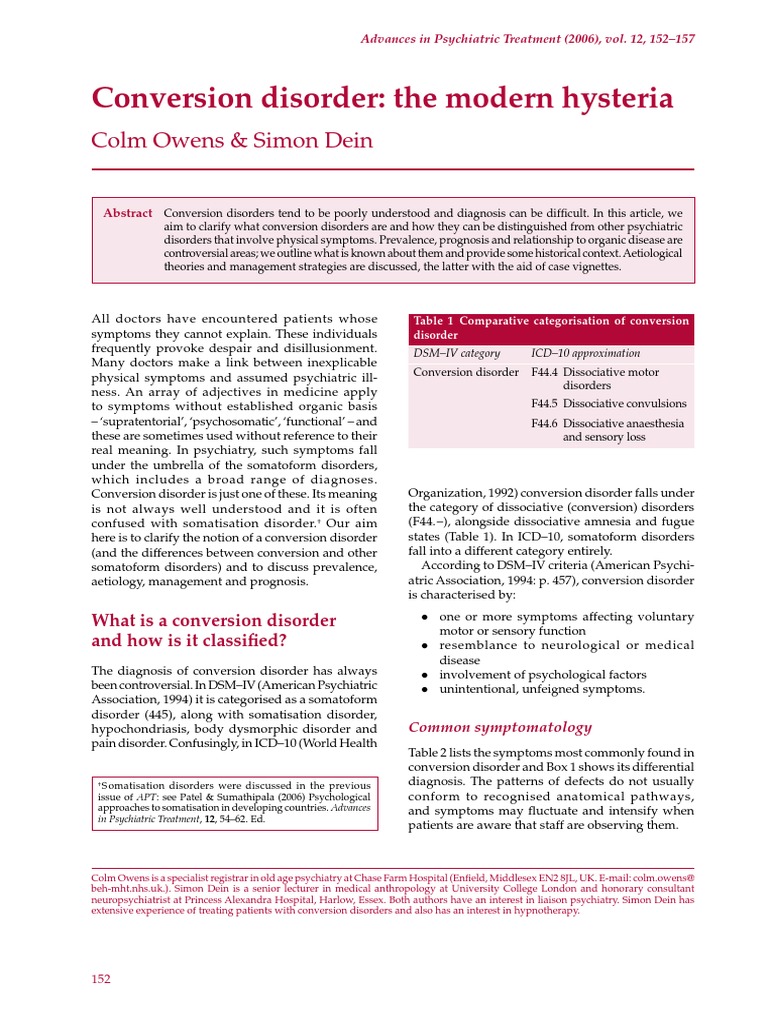 Conversion Disorder The Modern Hysteria PDF Psychiatry Diagnostic And Statistical Manual