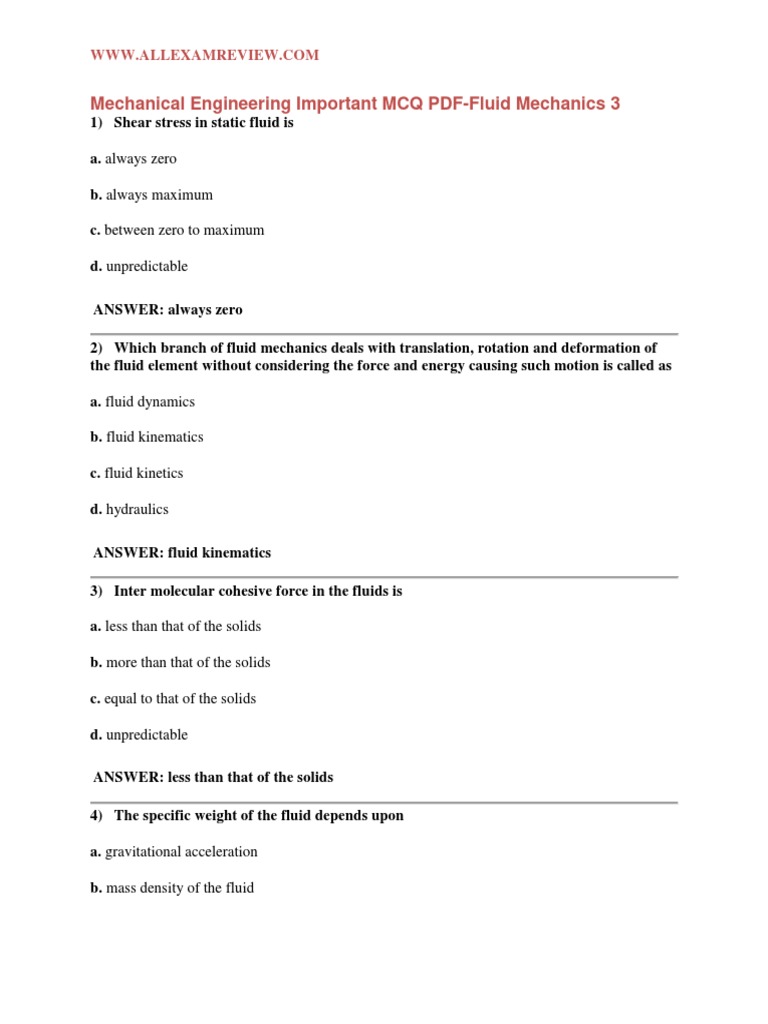 Mechanical Engineering Important MCQ PDF-Fluid Mechanics | PDF | Fluid ...