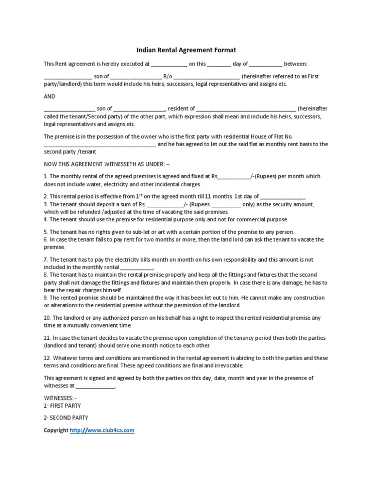 Sample Rental Agreement Format Leasehold Estate Renting