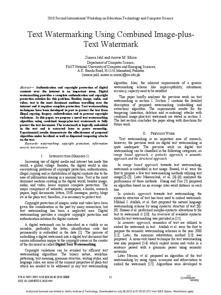 Text Watermarking Using Combined Image-Plus | PDF | Parsing | Cognitive ...