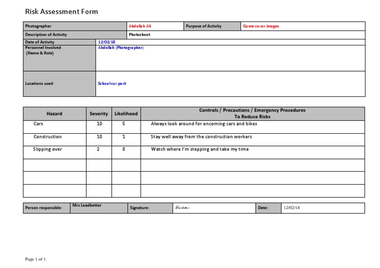 School Photoshoot Risk Assessment | PDF