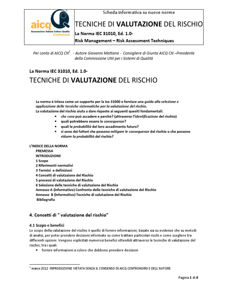 SCHEDE TECNICHE Tecniche Di Valutazione Del Rischio | PDF