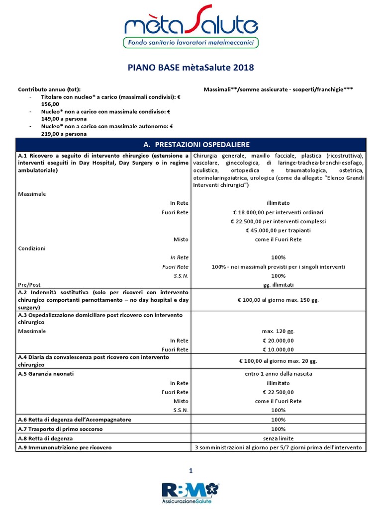 Scheda Sintetica Metasalute Piano Base 2018 | PDF