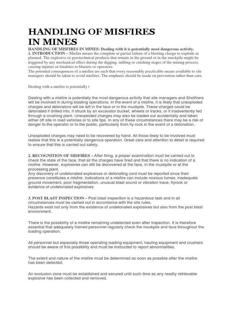 Handling of Misfires in Mines PDF Explosive Material Nature
