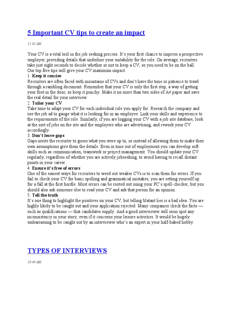 5 Important CV Tips To Create An Impact | PDF | Interview | Recruitment