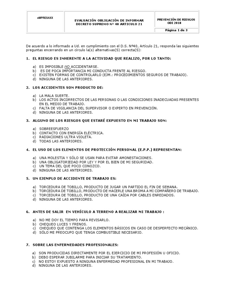 Evaluacion DS N°40 | PDF | Salud y bienestar | Medicina