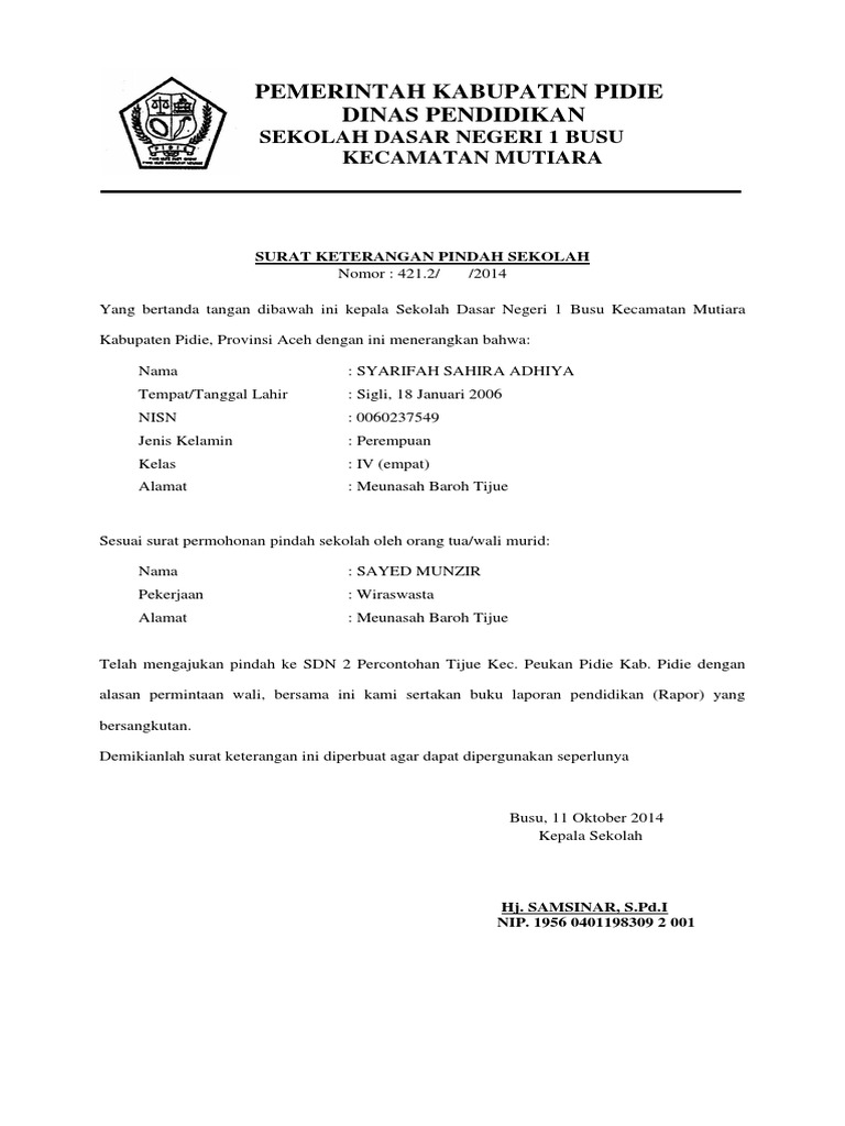 Surat Keterangan Pindah Sekolah