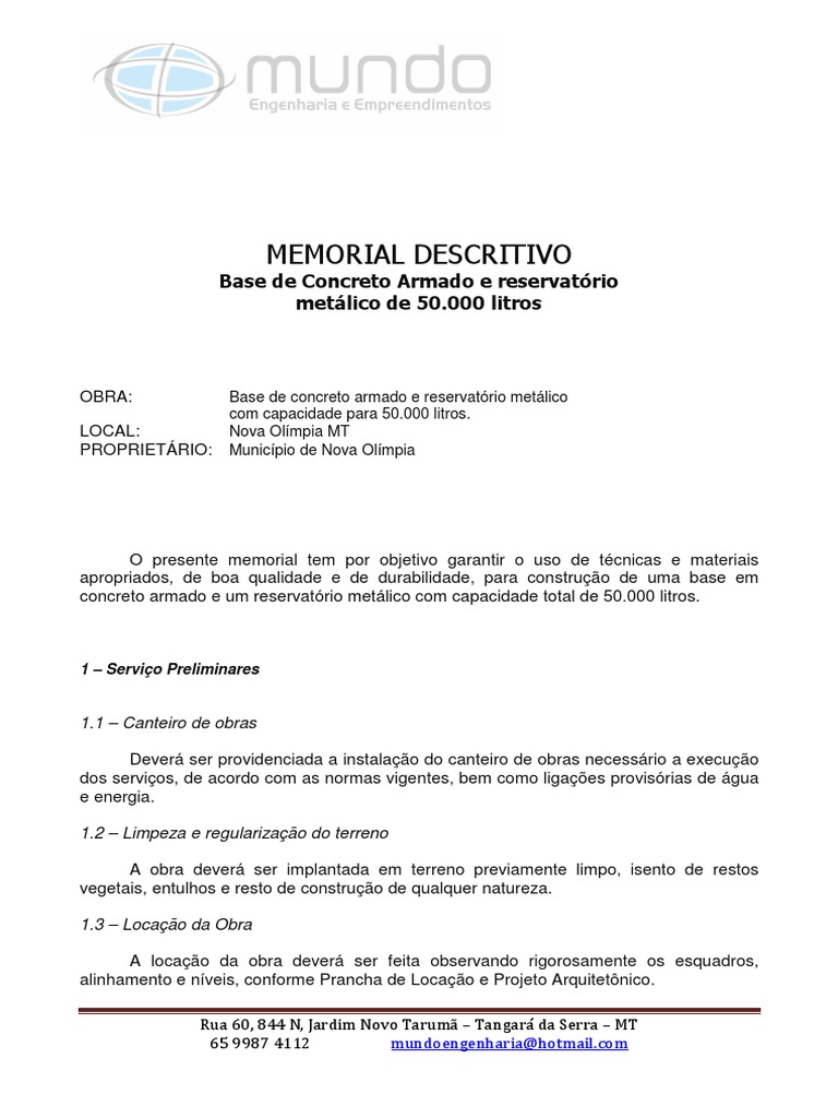 Memorial Descritivo: Base de Concreto Armado e reservatório metálico de ...