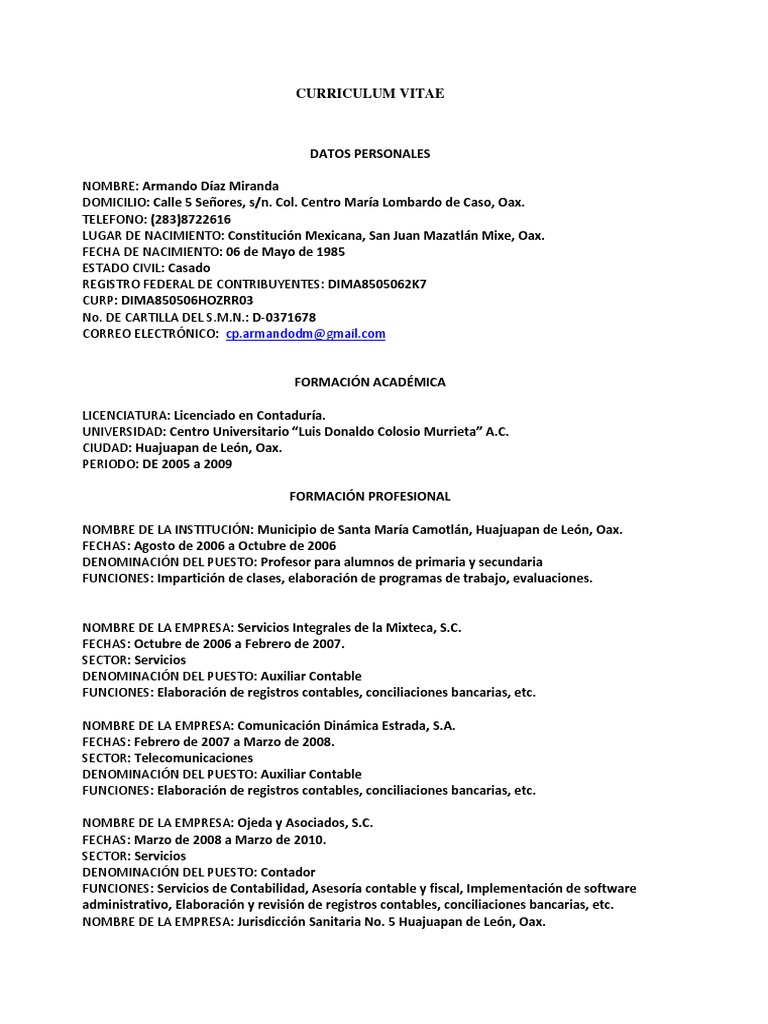Curriculum Vitae de Armando Díaz Miranda PDF Contador Business
