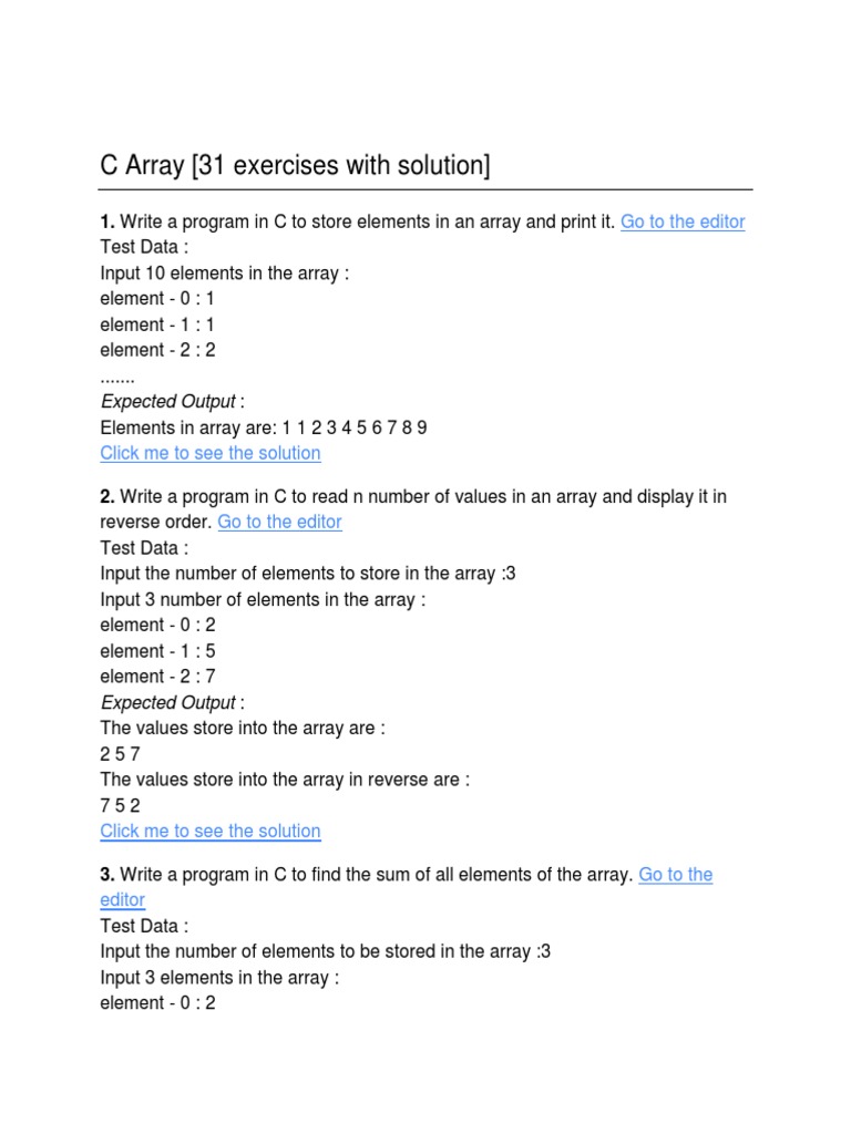 C Array (31 Exercises With Solution) : Go To The Editor | PDF | Matrix ...