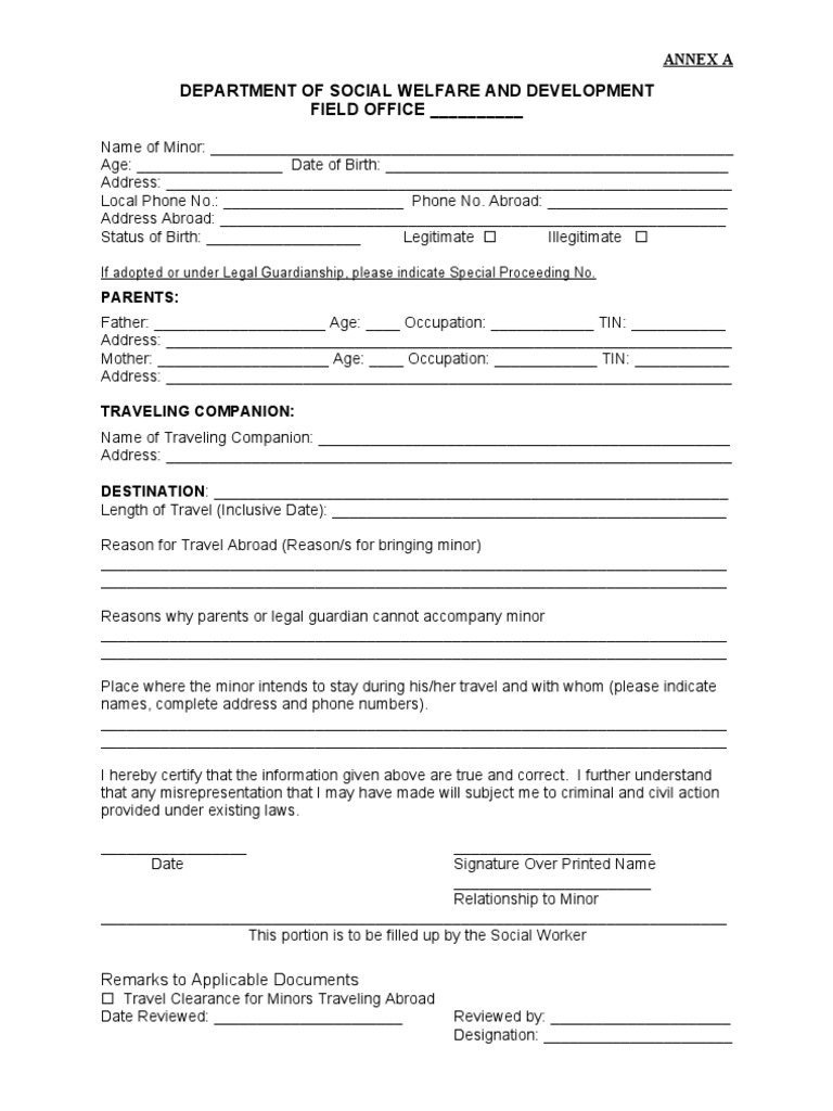 DSWD Travel Clearance for Minor Application Form Legal Guardian