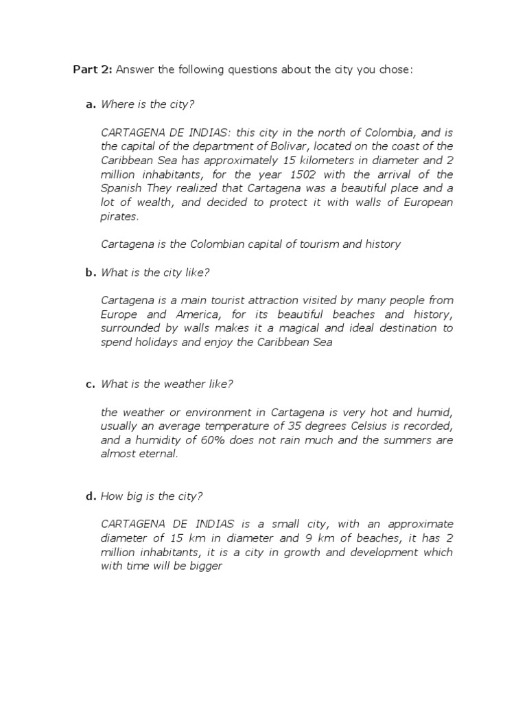 Part 2: Answer The Following Questions About The City You Chose: A ...