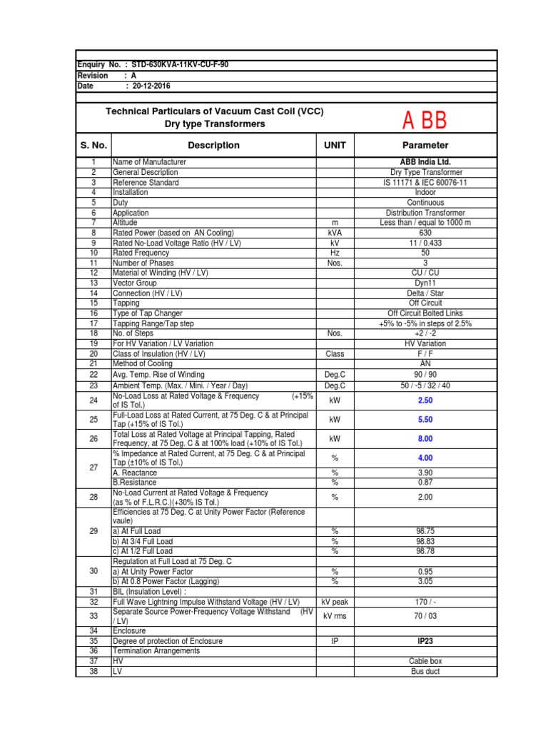 Data Sheet 630kva 33kv Cu f 90 Ip23 Transformer Electrical Engineering
