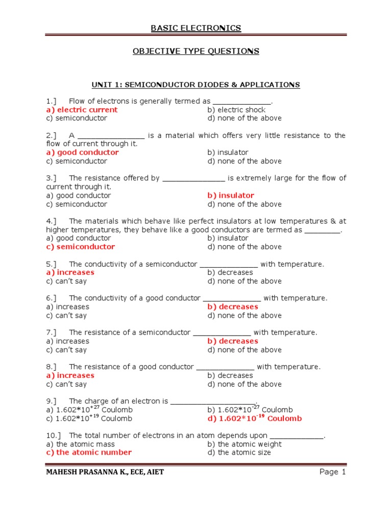 Basic Electronics Objective Type Questions Semiconductors Bipolar