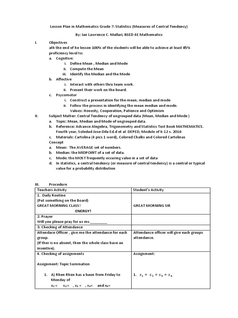 Lesson Plan in Mathematics Grade 7 | PDF | Mode (Statistics ...