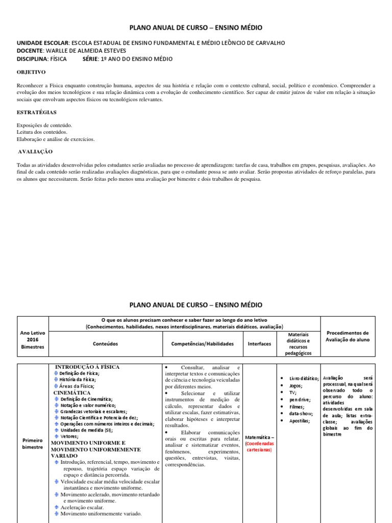 Plano Anual de Física - 1º Ano EM | PDF | Física | Temperatura